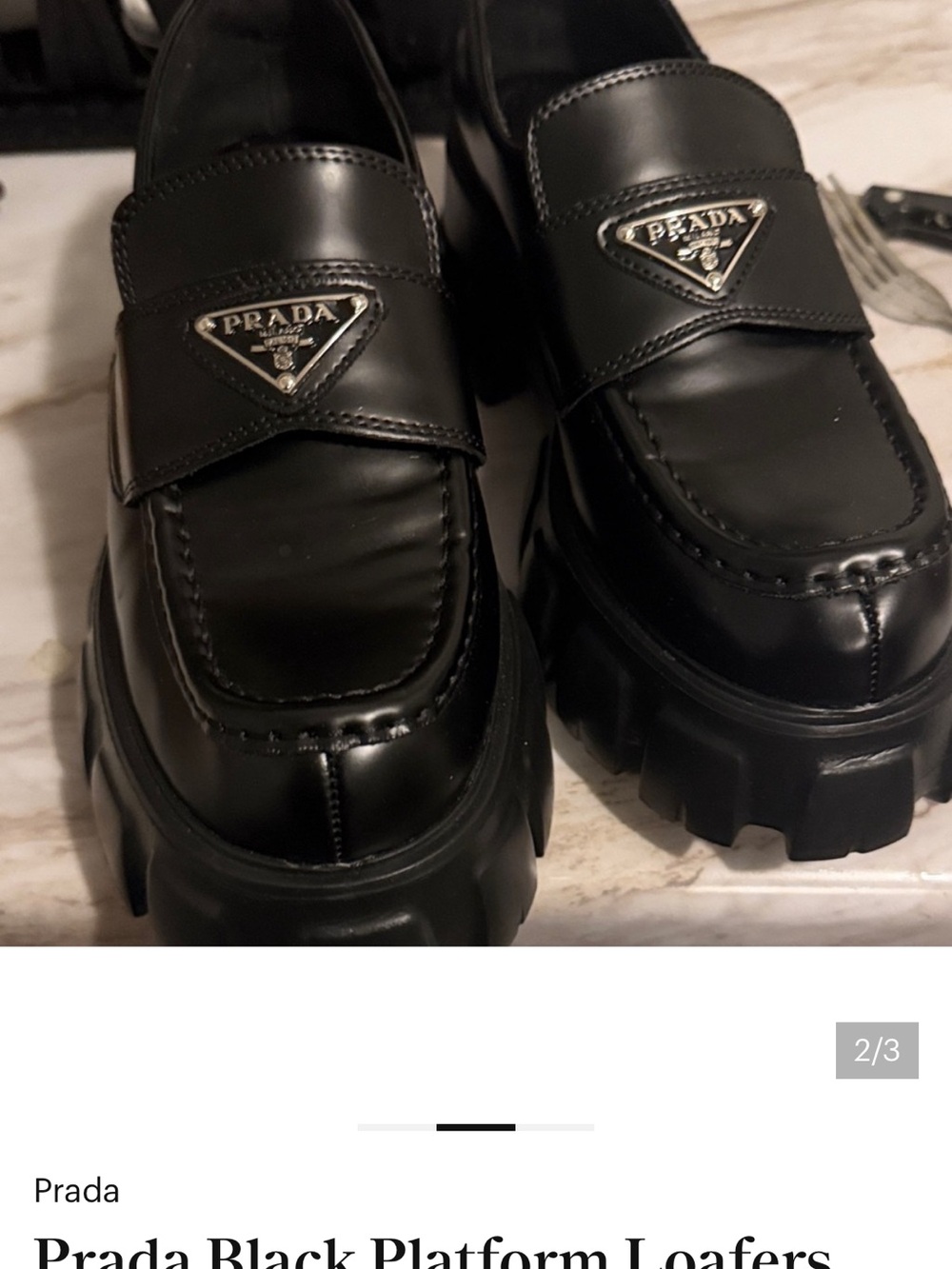 Prada Black Leather Lug-Sole Penny Loafers with Triangle Logo - Picture 3 of 3